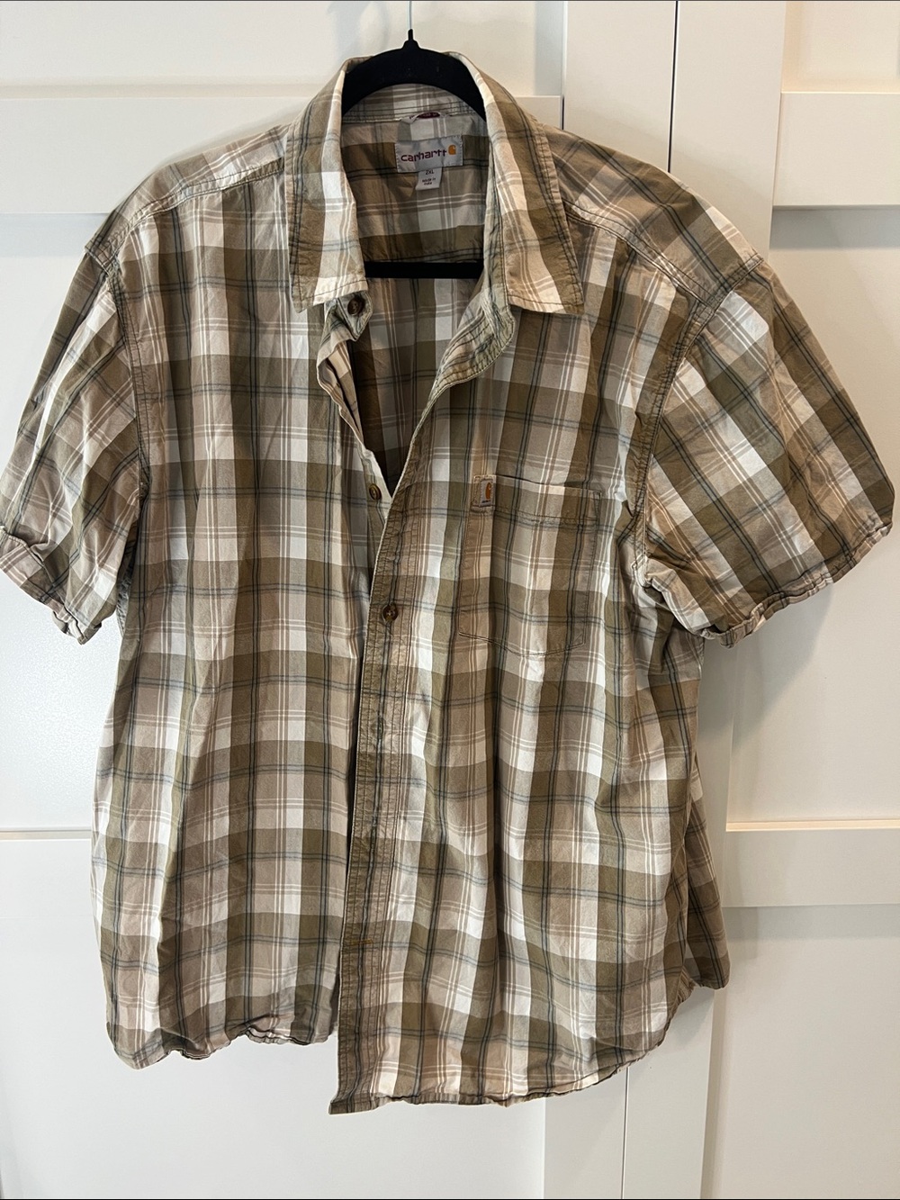 Carhartt Men's Short-Sleeve Plaid Button-Down Shirt - Beige & White
